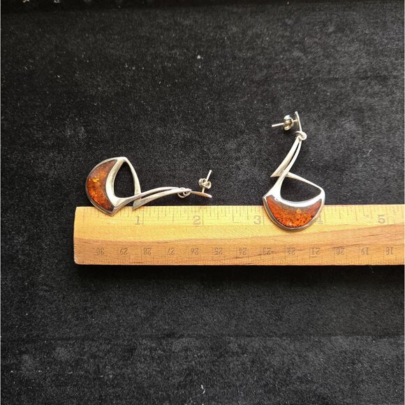 Modernist Amber & Sterling Silver Statement Earrings Abstract Crescent Design - Picture 8 of 9